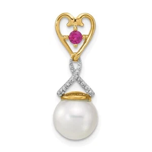 14k Yellow Gold Diamond 8-9mm Round FWC Pearl Lab Cr. Ruby Chain Slide for Mom - Picture 1 of 4