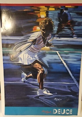 Póster de tenis vintage 1989 titulado "Deuce" por el reconocido artista deportivo Bill Hall Foto 1 de 4