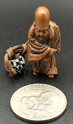 Vintage Hand Carved Japanese Netsuke WOOD Figurine Old Man Enamel Ball SIGNED • 29$