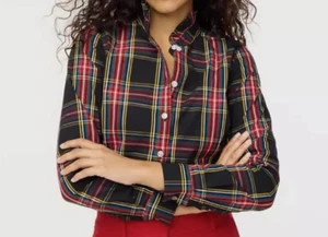J. Crew Petite BV621 Stewart Tartan Plaid Jeweled Shirt Ruffled ( PXXS ) - Picture 1 of 4