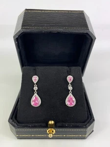 WHITE GOLD FINISH Pink Tourmaline Pear Cut Created Diamond Dangle Earrings - Picture 1 of 4