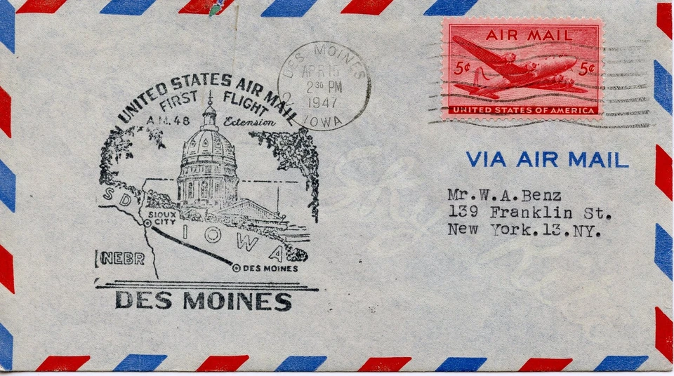 FIRST FLIGHT  DES MOINES TO SIOUX CITY AM48  1947 FDC1384 - Image 1 of 1