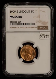 1909-S 1c Lincoln Wheat Small Cent - Looks Red - NGC MS 65 RB - VIDEO - B4789 - Picture 1 of 5