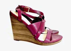 Raspberry Leather Ankle Strappy Cole Hann Stacked Wedge Sandal 8.5 B - Picture 1 of 6
