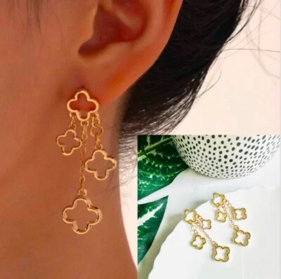 Pendientes de trébol de cuatro hojas de oro borla colgante joyería boho regalo NUEVO Foto 1 de 4