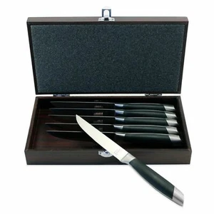 【NEW】BergHOFF GEMINI 4.75" STAINLESS STEAK KNIFE W/ BLACK WOODEN CASE (SET OF 6) - Picture 1 of 3