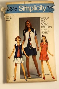 Vestido De Colección 1970 Simplicity 8615 Misses Talla 12 Busto 34 2 Longitudes Chaleco Patrón Corbata - Imagen 1 de 6