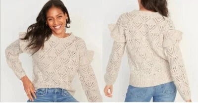 VTG Old Navy Women's Beige Crochet Ruffle Trim Sheer Sweater Cottage Granny M - Image 1 of 4