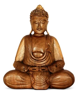 Statua Buddha meditante in legno 12" scolpita a mano scultura statuetta decorazione legno DM - Foto 1 di 5