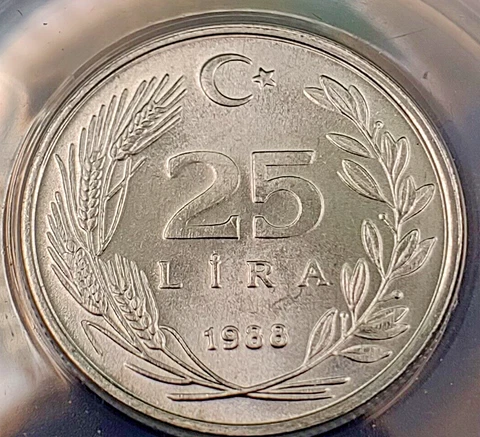 1988 Turkey 25 Lira KM# 975 MS64 ANACS Aluminum Cover