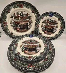 12 pc Royal Stafford Christmas Eve Fireplace 6 DINNER & 6 SALAD PLATES Set 1791 - Picture 1 of 7