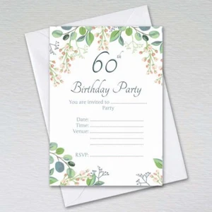 Pack of 60th Birthday Party Invitations Eucalyptus Invites with Envelopes Female - Picture 1 of 1
