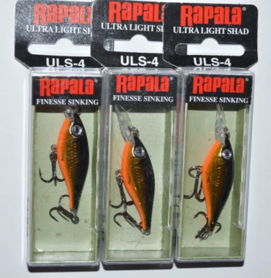 3 lures rapala uls-4 uls04 ultra light shad crankbait 1.5" gold finesse sinking - Image 1 of 4