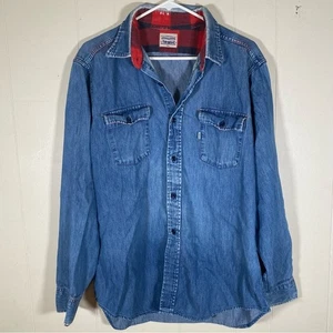 Vintage Levi's Blue Denim Button-Up Shirt flannel trim size XL distressed - Picture 1 of 14