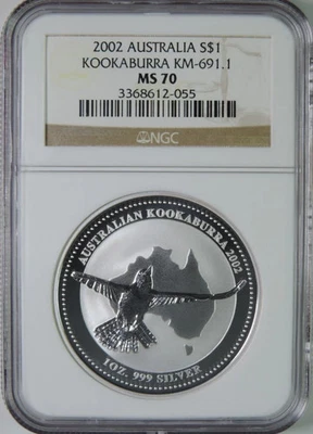 2002 Australia Kookaburra 1oz .999 Silver $1 NGC MS70 - Image 1 of 2