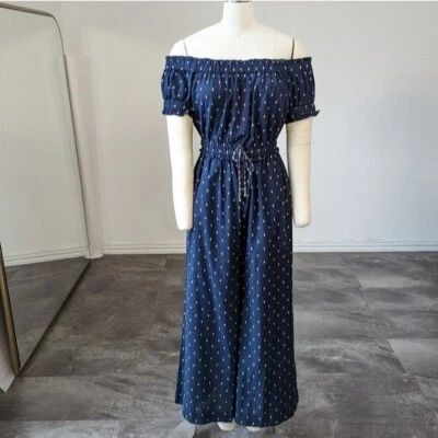 Mono by Anthropologie Findley Hombro Descubierto Azul Marino XSP Preppy Bordado Crop Foto 1 de 4