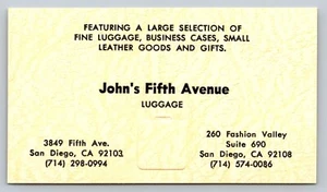 Vintage Business Card John's Fifth Avenue Luggage San Diego California Leather - Picture 1 of 2