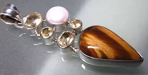 Sterling silver tiger's eye, pearl & cut citrine gemstones pendant. Gift Bag. - Picture 1 of 6