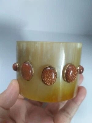 Pulseira de punho de chifre de búfalo natural com pulseira de pedra do sol preta boêmia - Imagem 1 de 4