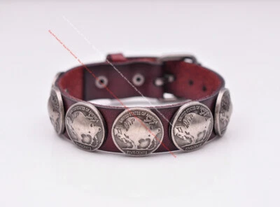 Western Buffalo Concho Veg Tan Brown Leather Wrap Bracelet Wristband Cuff Bangle - Image 1 of 4