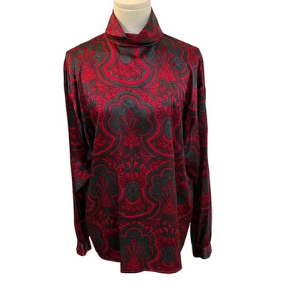 Blusa Vintage Clásica Seda Roja Negra Paisley Cuello Simulado Seda Retro Talla 10 Foto 1 de 4