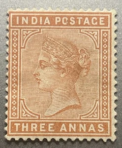 India SG# 93 (Orange) Mint Hinged Three Annas Stamp. Indian Postage Stamps 1800s - Picture 1 of 2