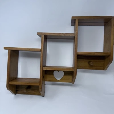 Vtg Heart Cut Out  Wooden Trinket Shelf Stair Step Wood Tiered Pegs Wall Display - Image 1 of 4