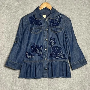 CHICO'S DENIM EMBROIDERED BEADED JEAN JACKET Button Size 00 - Picture 1 of 12
