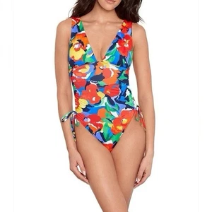 LRL Bold Abstract Floral Shirred Plunge One Piece Swimsuit Women 16 Blue NWT - Picture 1 of 13
