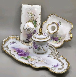 3Pc Limoges Royal China Inkwell Set Inkwell, Rocker Blotter, Candle Holder Read! - Picture 1 of 8