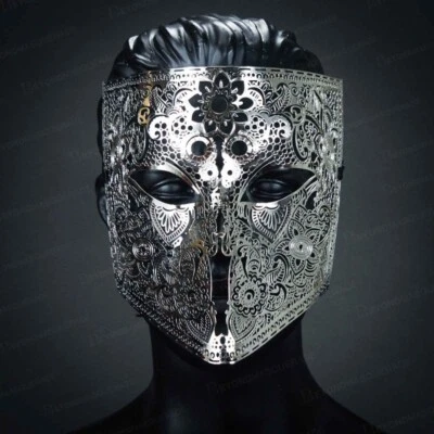 Metal Laser Cut Venetian Buata Style Halloween Men Masquerade Mask (Silver) - Image 1 of 3