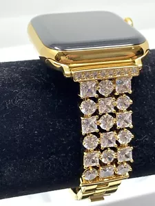 24K Gold Plated 44MM Apple Watch SERIES 5 Gold Link Band Diamond Rhinestones LTE - Picture 1 of 12