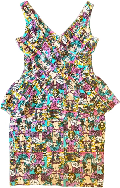 Vestido gráfico BETSEY JOHNSON Lulu tampo de mesa peplum estampa de desenho animado quadrinhos M - Imagem 1 de 4