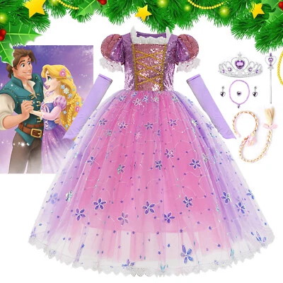 Princess Rapunzel Fancy Dress up Girls Christmas Halloween Party Cosplay Costume - Image 1 of 4