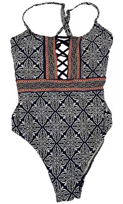 La Blanca One Piece Swimsuit S Aztec Hippie Indie Boho Criss Cross Front & Back - Image 1 of 4