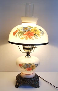 VTG Floral GWTW Hurricane Lamp Blue Yellow Coral Flowers 3-Way Light Top & Base - Picture 1 of 19
