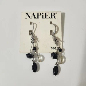 Napier Fiesta Drop Dangle Black Transparent Silver Tone Beaded Earrings - Picture 1 of 2