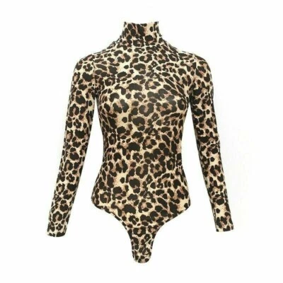 Damen Overall Body Leopardenmuster Hoher Kragen Dehnbar Turnanzug - Bild 1 von 4