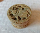 Vintage Mini Round Soapstone Trinket Box Carved Elephant Design Covered D23