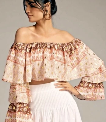 NWT Anthropologie Top L Off Shoulder Smocked Tiered Boho Resort Cruise Metallic - Image 1 of 4