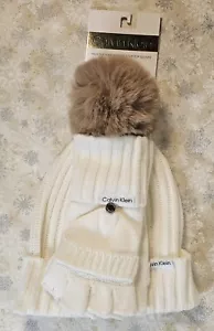 Calvin Klein Faux Fur Pom Pom Hat & Flip-Top Gloves, White, OS, FREE SHIPPING! - Picture 1 of 5