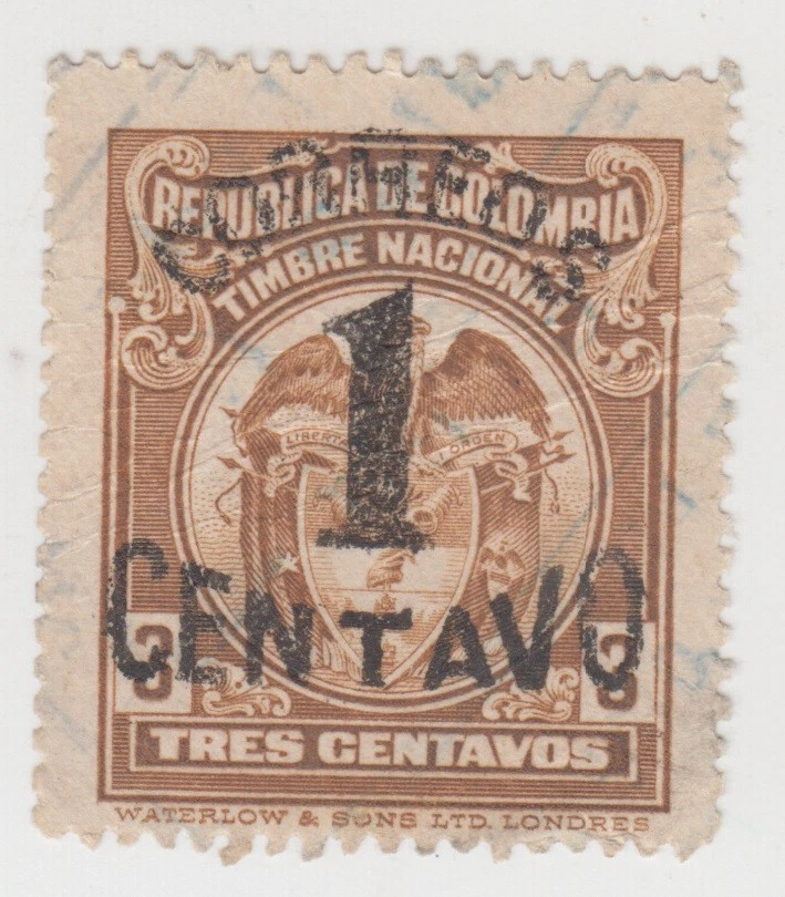 Ingresos de Colombia de 1917 recargados/sobreimpresos. Escudo de armas. 1 centavo sobre 3c Foto 1 de 1