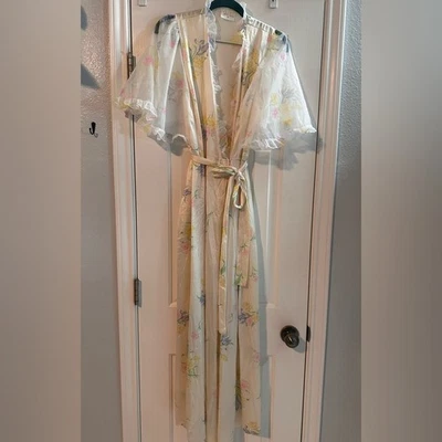 Vintage 1980s Pastel Floral Robe with Ruffle Sleeves Cottagecore Fairycore M - Image 1 of 4