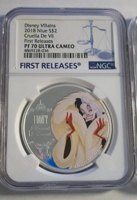 2018 1 Oz Colorized Silver $2 Disney CRUELLA NGC PF 70 UC RARE First Releases - Image 1 of 4