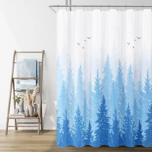 Sky Blue Misty Forest Mountain Nature Tree Fabric Shower Curtains for Bathroo... - Picture 1 of 6