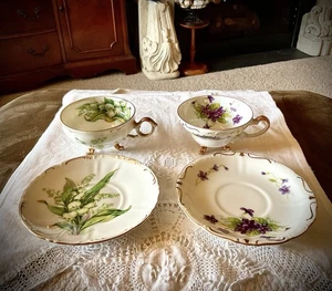 Kirsche Porzellan 2 Sets Teetassen und Untertassen Made in Japan Veilchen / Maiglöckchen - Bild 1 von 7