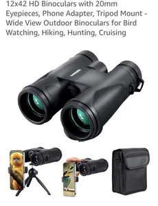 12mm X 42mm HD Binoculars~20mm Eyepieces w/Tripod & Phone Adapter - Picture 1 of 13