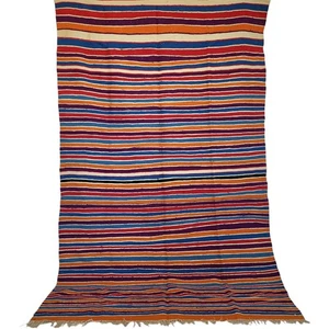 Vintage Moroccan Rug with Light Beige Fringe Striped Wool Berber Art Carpet - Picture 1 of 24