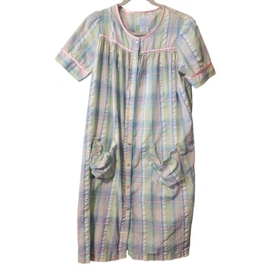 Ashley Taylor Plaid House Coat Robe Pearl Snap Front Ruffle Trim Extra Small - Picture 1 of 6