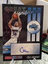 Cole Anthony Rookie Card Auto. 2020-21 Panini Hoops. NBA Magic.  Ex NC Tar Heel